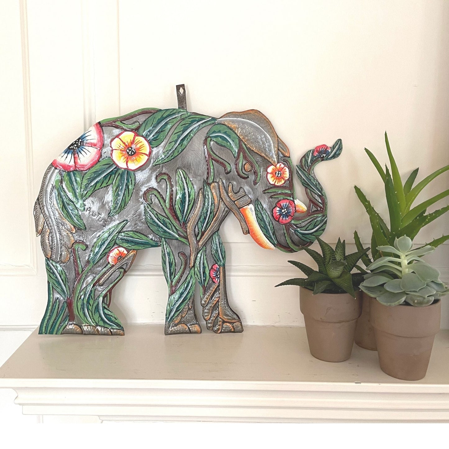 Hibiscus Elephant Haitian Steel Drum Wall Art - approx. 14” diameter