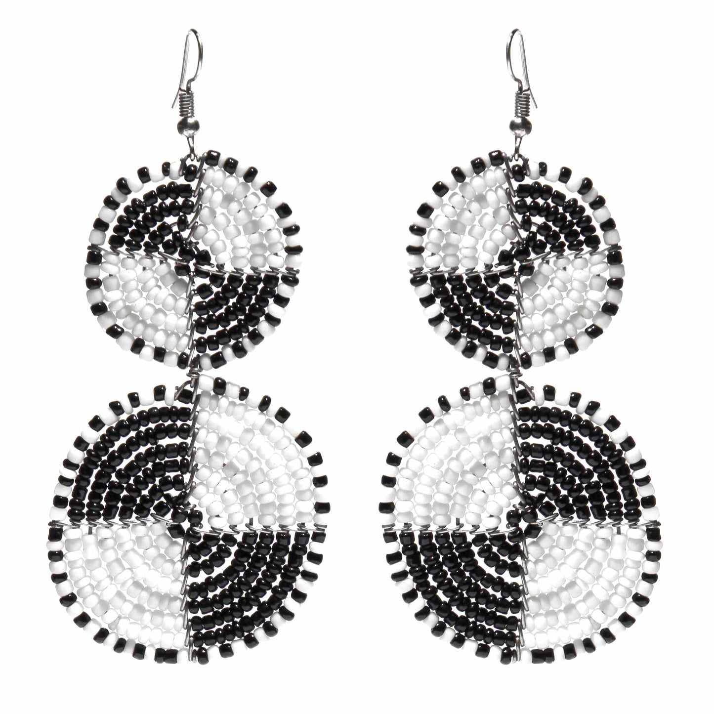 Pendientes colgantes de doble círculo con cuentas masai, blanco y negro