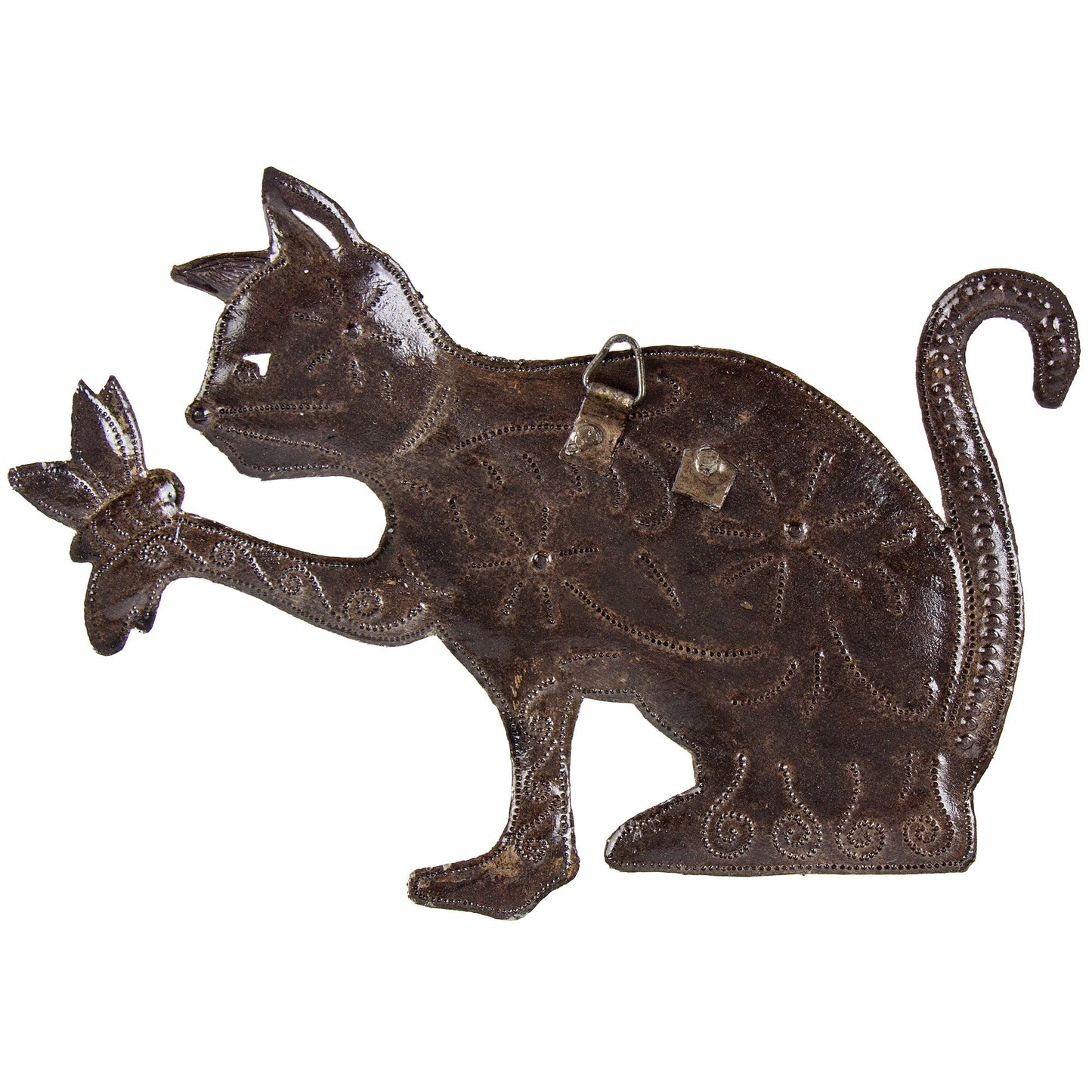 Playful Kitty with Butterfly Haitian Steel Drum Wall Art - approx. 9” x 7”