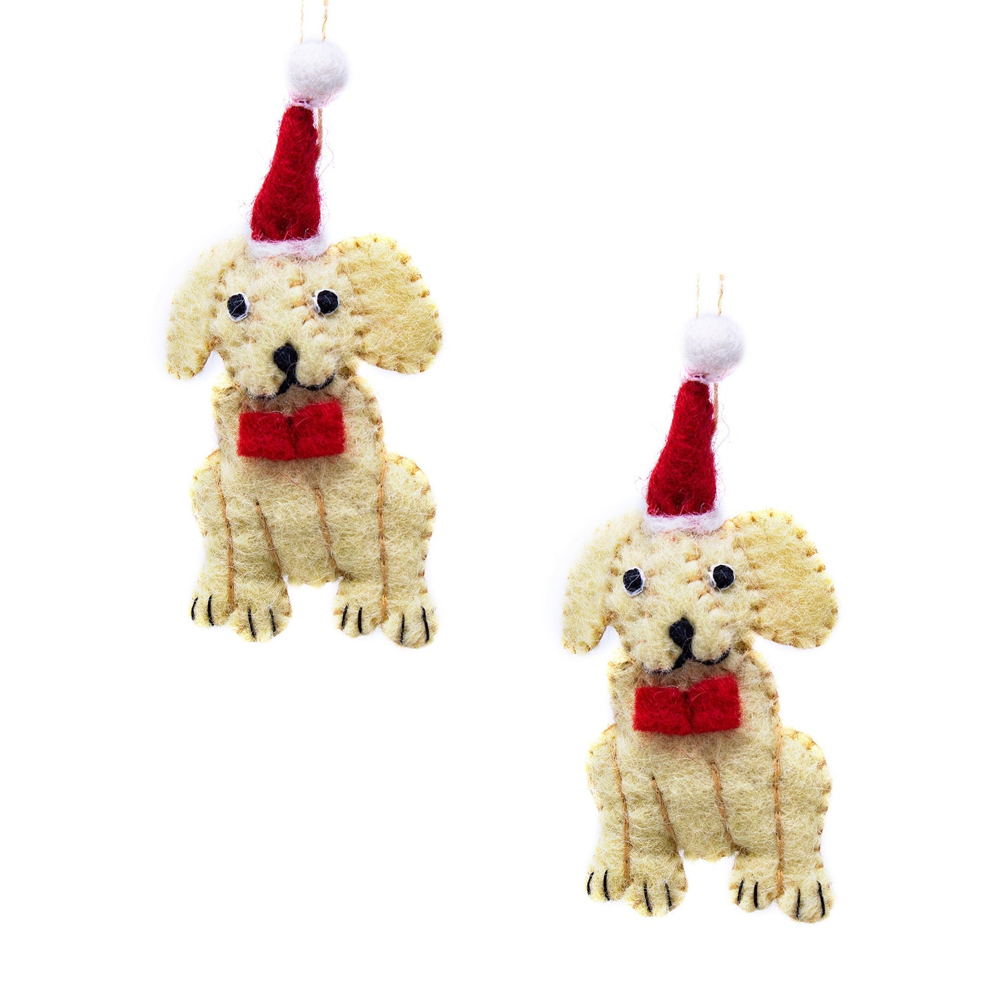 Golden Labrador Santa Handmade Felt Ornaments, Set of 2 - 5” x 2” each