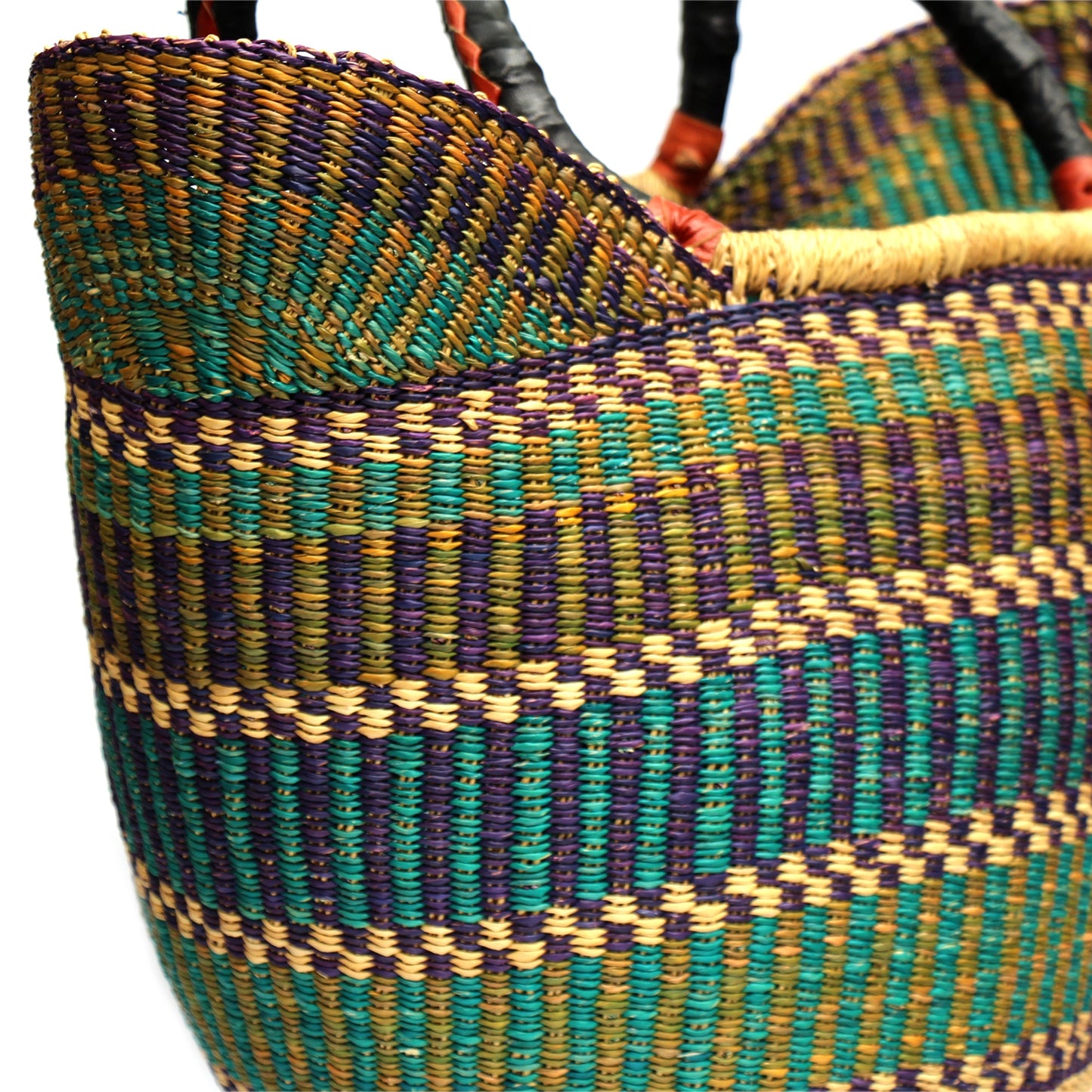 Bolga Tote, Mixed Colors with Leather Handle 16”to 18” by 11” to 13”