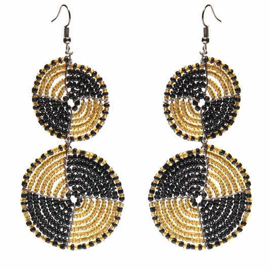 Pendientes colgantes de doble círculo con cuentas masai, dorados y negros