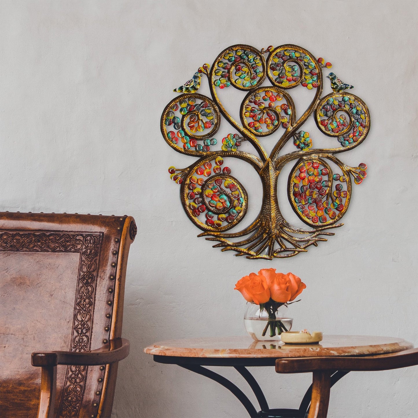 Arte de pared de tambor de acero haitiano con árbol de la vida en espiral otoñal, 24"