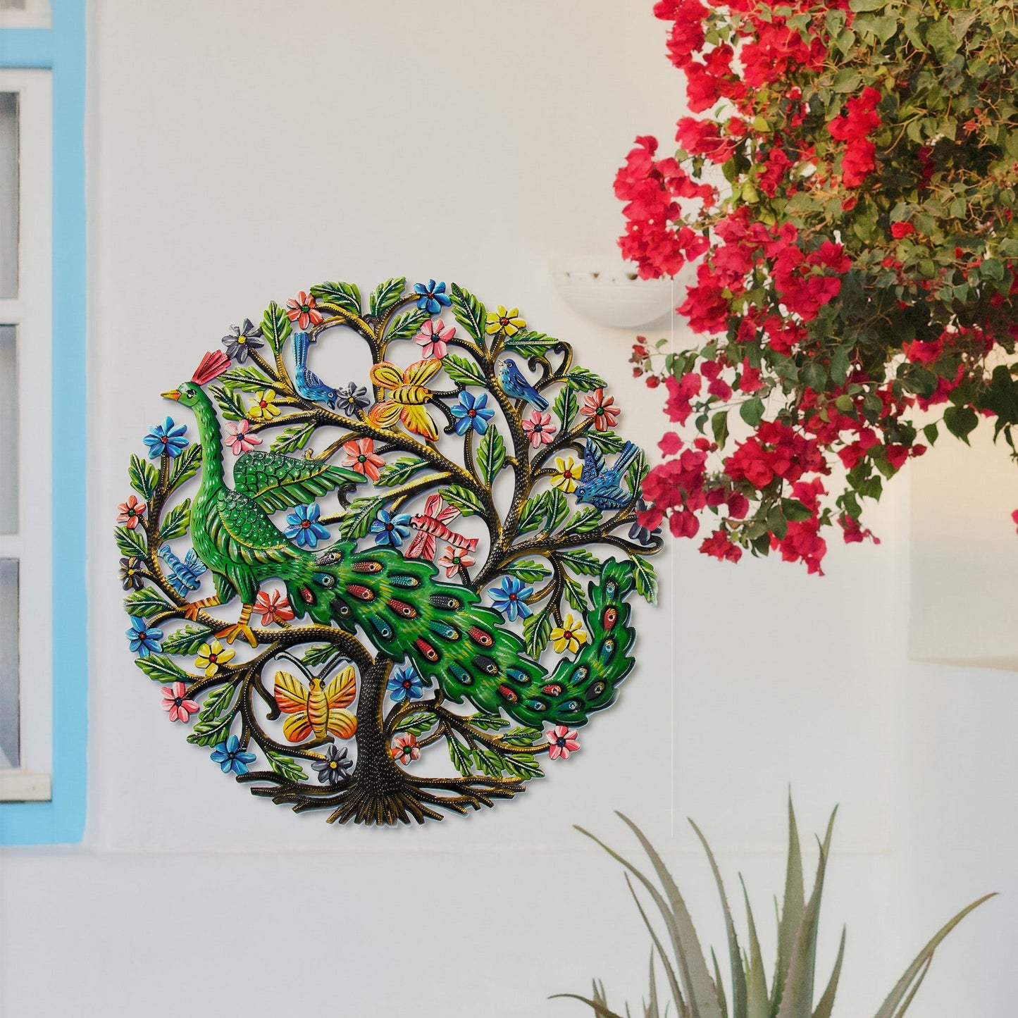 Peacock in Tree Haitian Metal Drum Wall Art - approx. 24” diameter