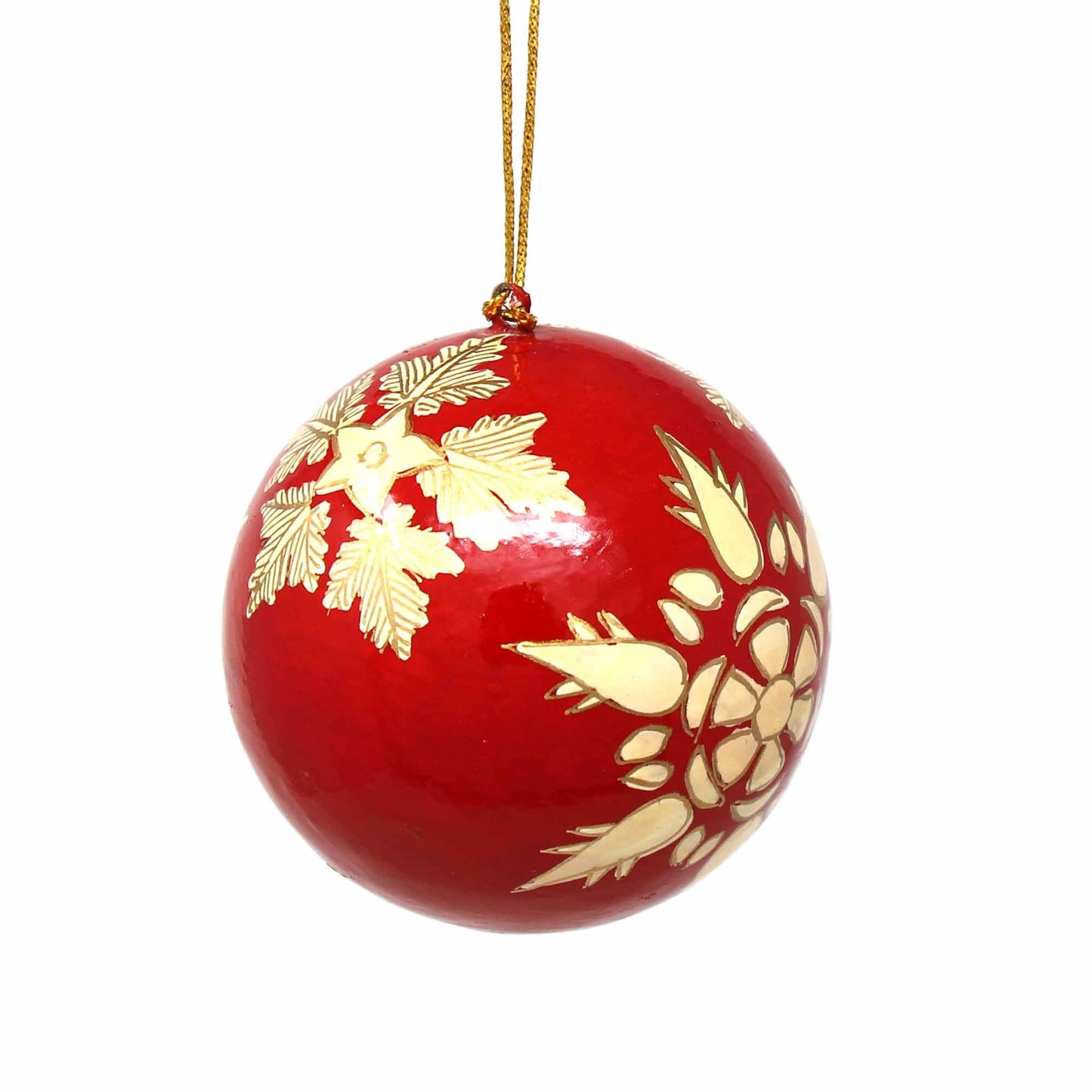 Handpainted Red and Gold Snowflake Papier Mache Hanging Ball Ornament