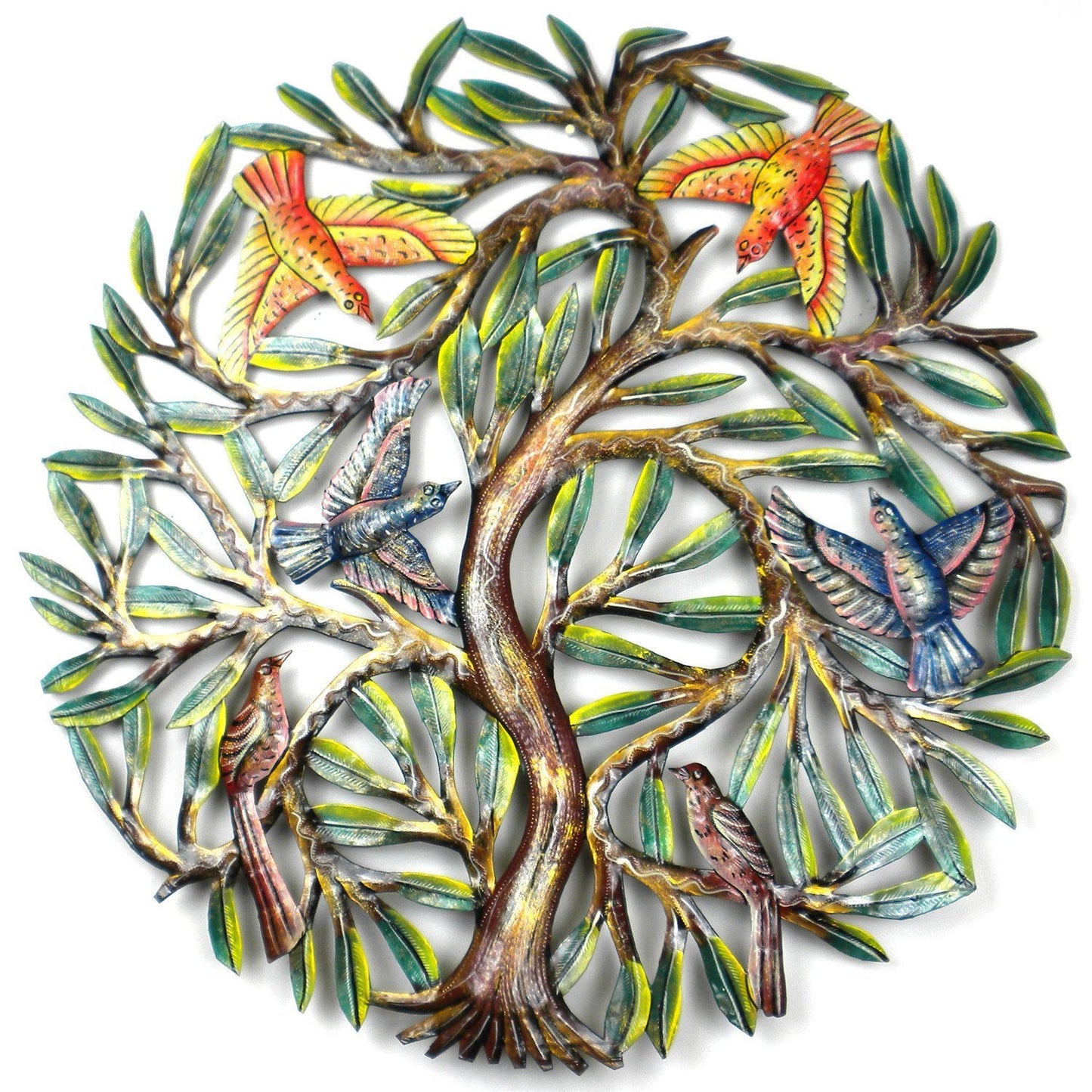 Painted Tree with Birds Steel Drum Wall Art, 24" - Croix des Bouquets