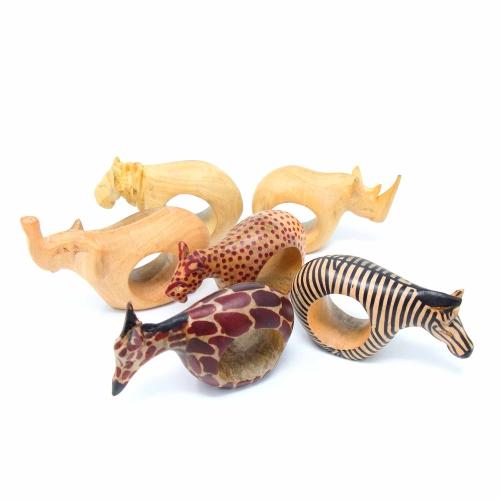 Set of Six Mahogany Wood Animal Napkin Rings - Jedando Handicrafts