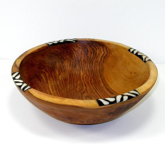Cuenco de madera de olivo tallado a mano de 9 pulgadas con incrustaciones de hueso - Jedando Handicrafts