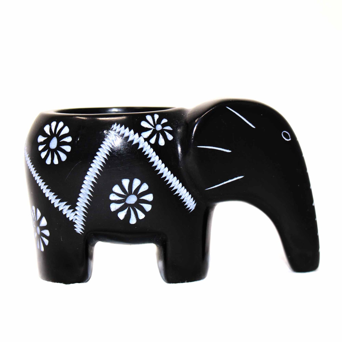 Lucky Elephant Soapstone Tea Light; Black Finish with Etched Design 4"l x  2.5"t x 1.75"w