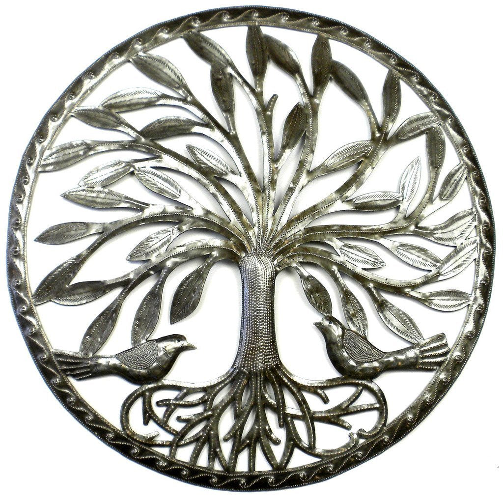 Tree of Life with Two Birds Steel Drum Wall Art, 23" - Croix des Bouquets