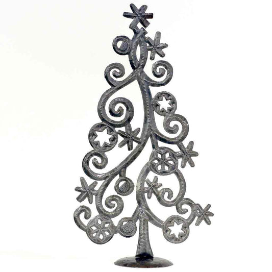 Recycled Steel Drum Tabletop Christmas Tree with Stars and Snowflakes (14" x 7.5")