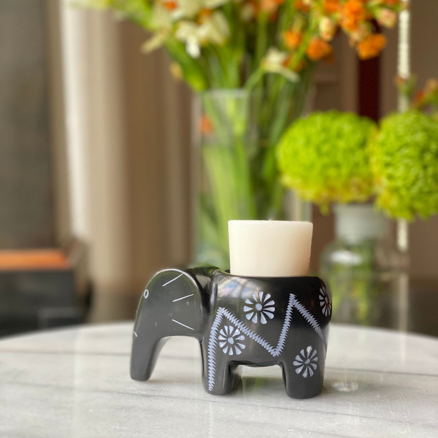 Lucky Elephant Soapstone Tea Light; Black Finish with Etched Design 4"l x  2.5"t x 1.75"w