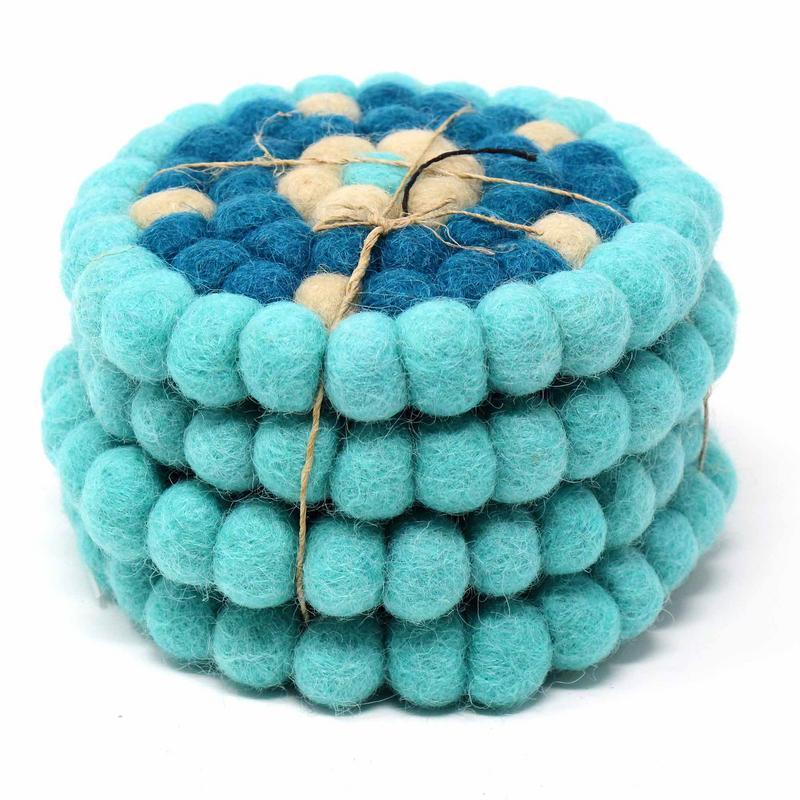Hand Crafted Felt Ball Coasters from Nepal: 4-pack, Flower Turquoise - Global Groove (T)