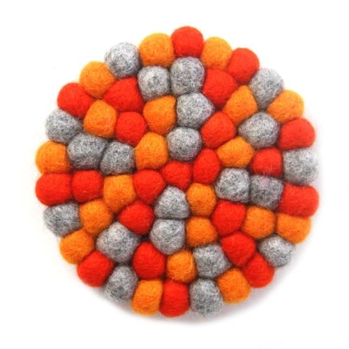 Hand Crafted Felt Ball Trivets from Nepal: Round Chakra, Oranges - Global Groove (T)