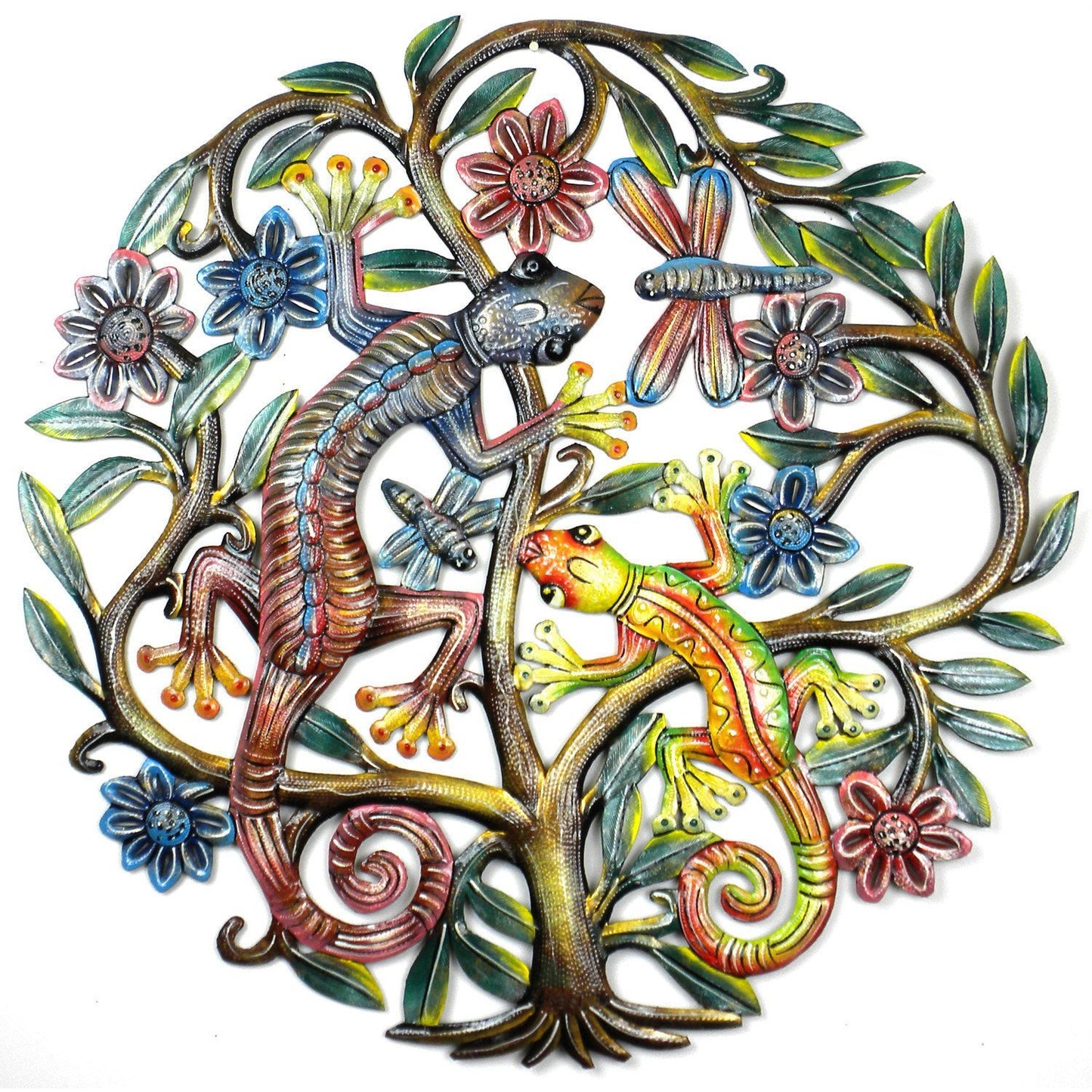 Painted Gecko Tree of Life Steel Drum Wall Art, 24" - Croix des Bouquets